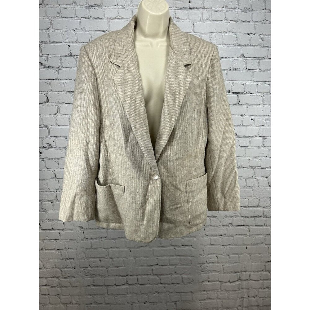 VTG Rrrrruss By Russ Togs Union Made Tan Wool Tweed Blazer USA Womens 16 *defect